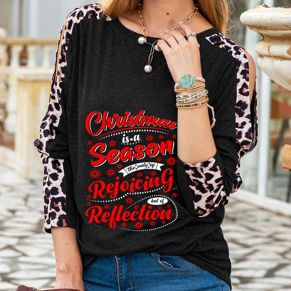 

women leopard t-shirt autumn long sleeve round collar tees ladies christmas pattern english letters printing casual sport loose street wear, White