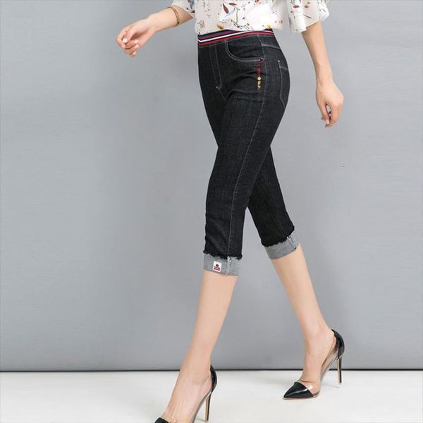 

summer denim jeans streetwear women capris high waist calf length embroidery skinny pencil pants plus size 3xl 4xl 5xl, Black;white