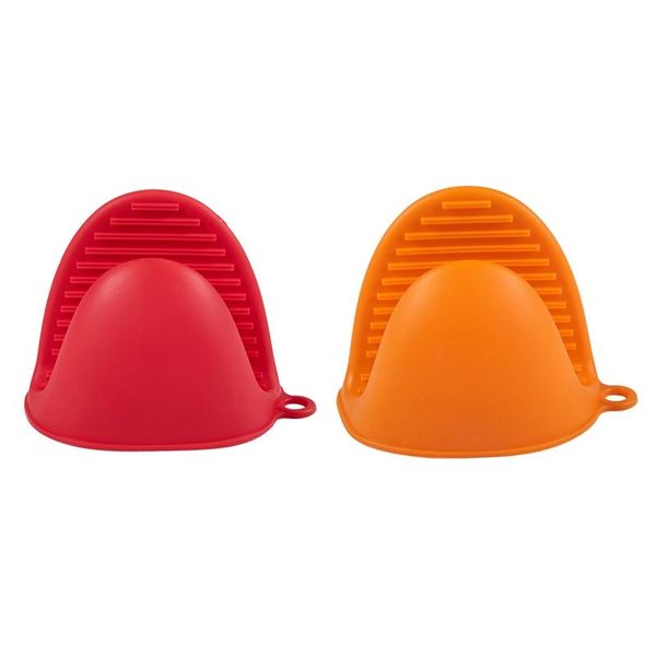 

oven mitts 2 pcs silicone gloves heat insulated finger cooking microwave non-slip gripper pot holder, orange & red