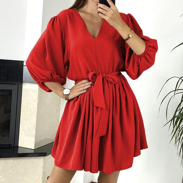 

casual dresses dress women spring summer fashion solid color v-neck 3/4 sleeve tie bandage mini streetwear 2021, Black;gray