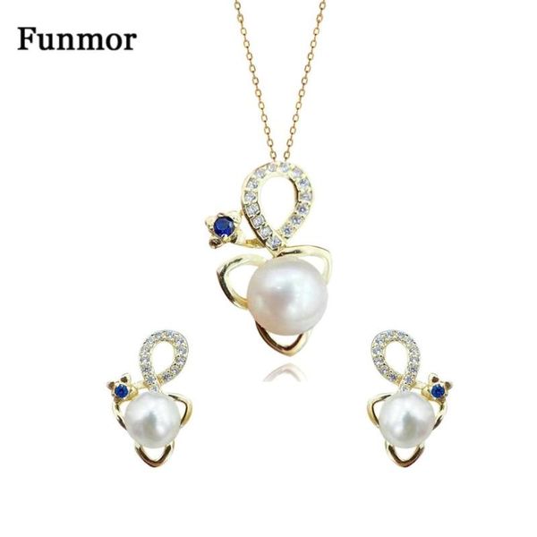 

funmor clover set simple 925 sterling silver natural freshwater pearl stud earrings necklace ring accessories women lady gifts bracelet, &, Black