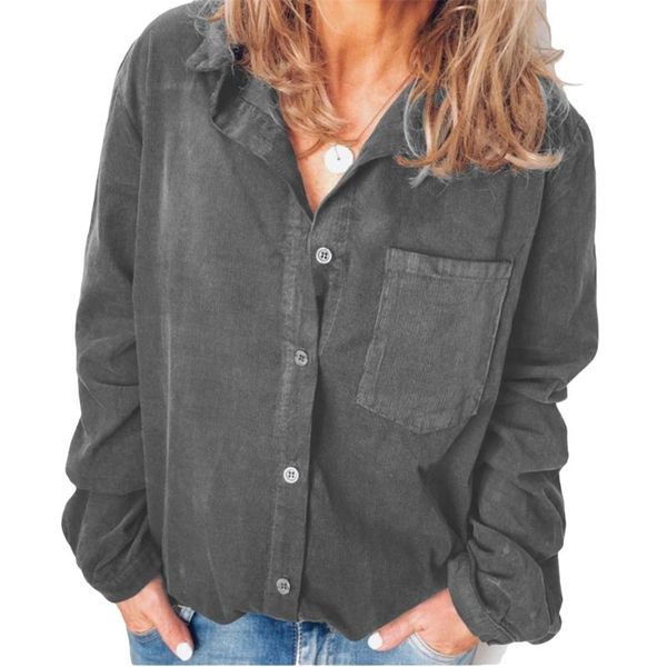 

casual corduroy pockets winter shirts blouse women long sleeve plus size turn-down collar ladies button blusas female, White