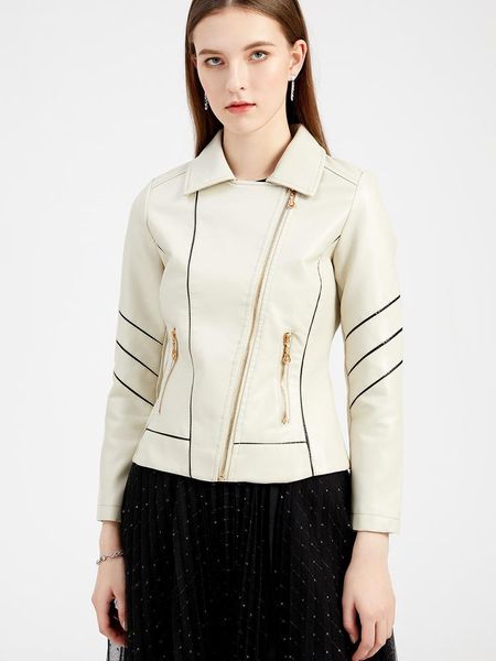 

women's leather & faux all-match jacket 2021 autumn imitation women's striped short coat zipper pocket thin motorcycle clothing, Black