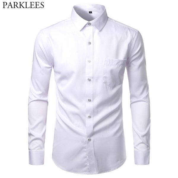

mens white bamboo fiber dress shirts slim fit wrinkle casual shirt chemise non iron easy care elastic wedding working shirt 210522, White;black