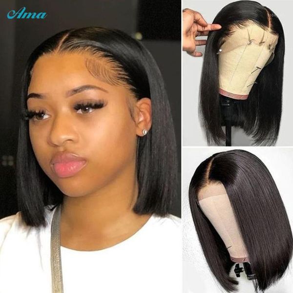 

blunt cut bob wig brazilian lace closure 13x6x1 transparent front human hair wigs for black women remy short bob1, Black;brown