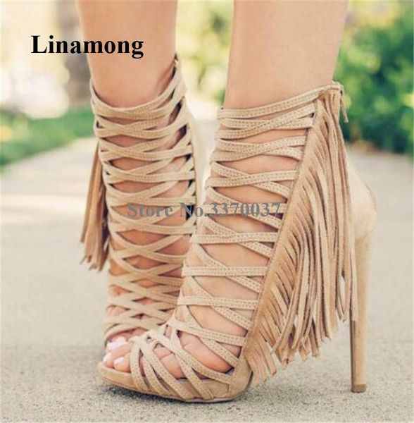 

women charming open toe suede leather stiletto heel tassels gladiator sandals beige black fringes high sandal