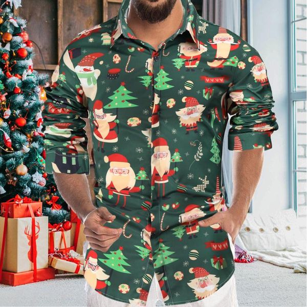 

men's casual shirts autumn long sleeve vintage christmas printed button cardigan fashion turn-down collar shirt men, White;black