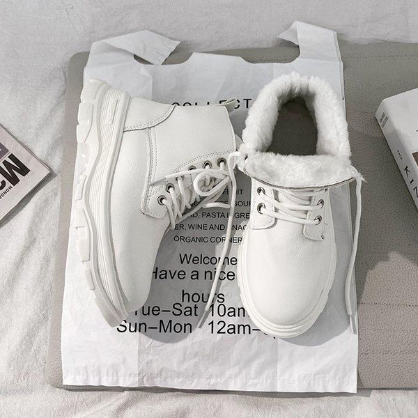 

boots winter white women fashion platform ankle lace up combat snow shoes woman warm plush 2021, Black