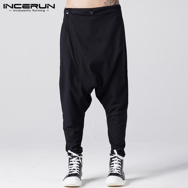 

men's pants incerun men harem solid button streetwear joggers drop-crotch trousers fashion punk loose casual bottoms 2021, Black
