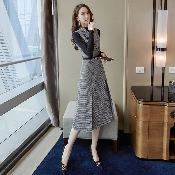 

women plaid elegant office dresses lady work sleeveless strap spring turn-down collar blazer female suit 210428, Black;gray