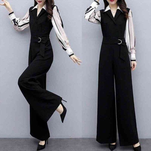 

summer women patchwork jumpsuits female overalls casual chiffon romper lace up wide leg loose playsuit t130, Black;white