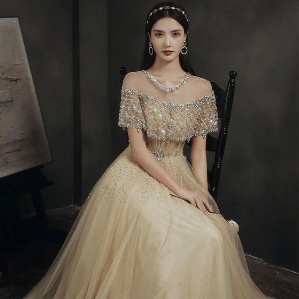 

party dresses gold boat neck gorgeous sequined high-quality wedding evening dress temperament skirt host performance banquet a039, White;black