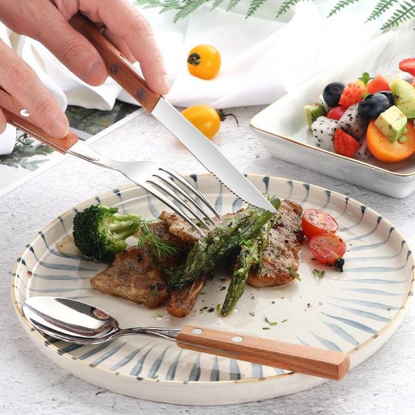 

dinnerware sets 3pcs set, colorful stainless steel cutlery serving wood handle dinning flatware cultery fork and spoon, dinner