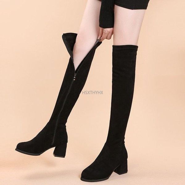 

boots over the knee women 2022 winter thigh lace up ladies high heel chunky long botas heels, Black