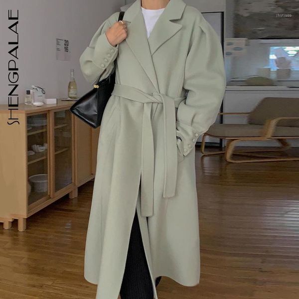 

women's wool & blends shengpalae 2021 winter overcoat long turn-down collar long-sleeved solid color straight lace up waist woolen coat, Black