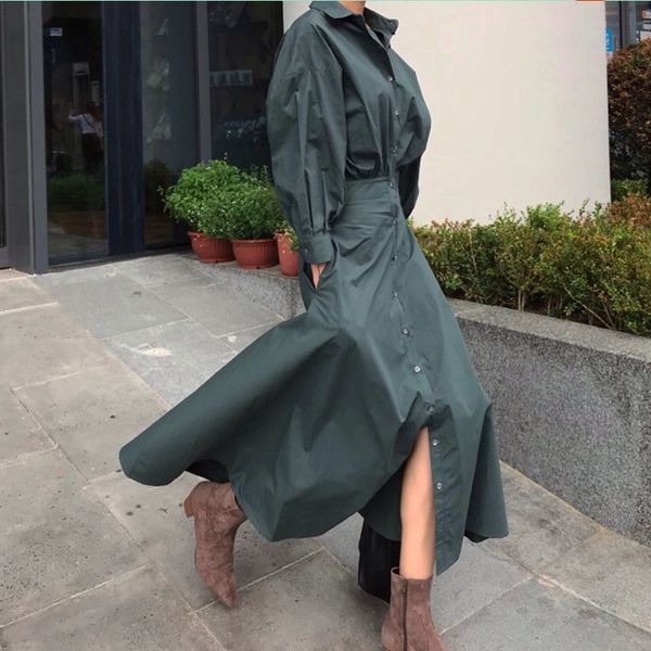 

casual dresses [ewq] autumn female loose turn down single breasted solid color puff sleeve minimalist a-line shirt dress 8y030 70l6, Black;gray