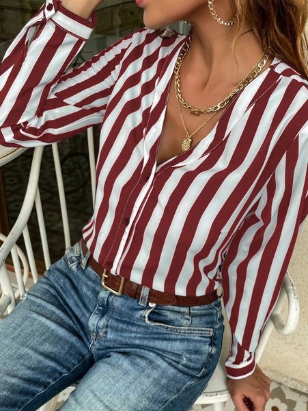 

striped print button front blouse i1fn#, White