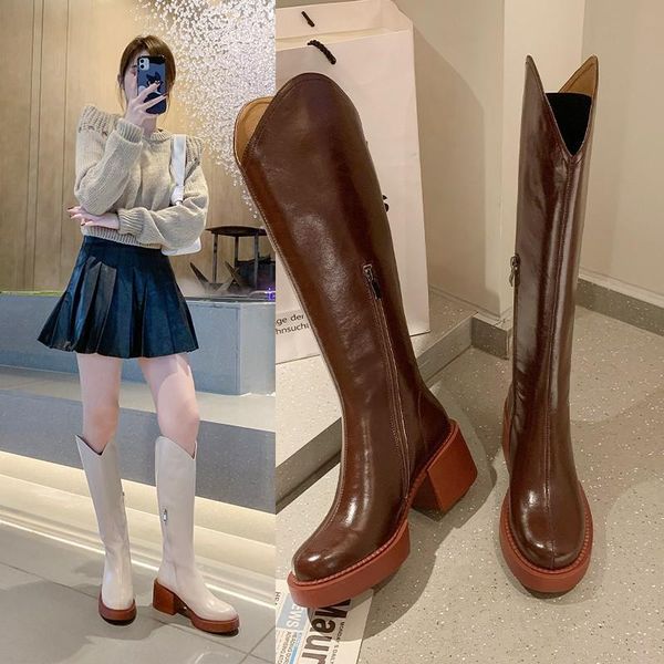 

boots comfortable round toe leather square heel shoes handmade women's fashion long knee high for women, Black