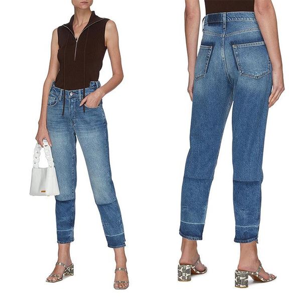 

women's jeans 2021 autumn winter brand fashion high waist elastic slim nine point straight pants irregula grent women fd, Blue