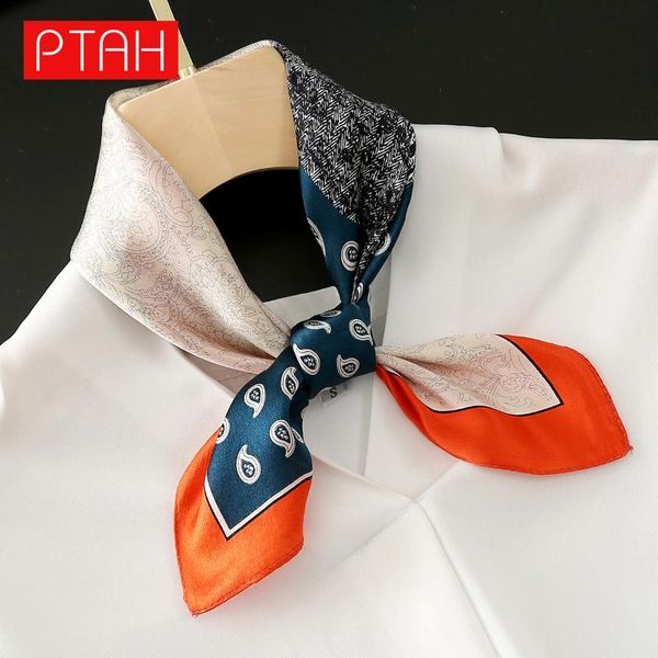 

scarves [ptah] 2021 100% mulberry silk scarf lightweight small square neckerchief breathable printed 53*53cm, Blue;gray
