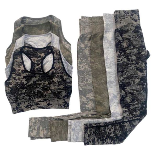 

yoga outfit 2 peice set seamless camo gym women fitness athletic sports suits high waist leggings+push up bra padded sportswear