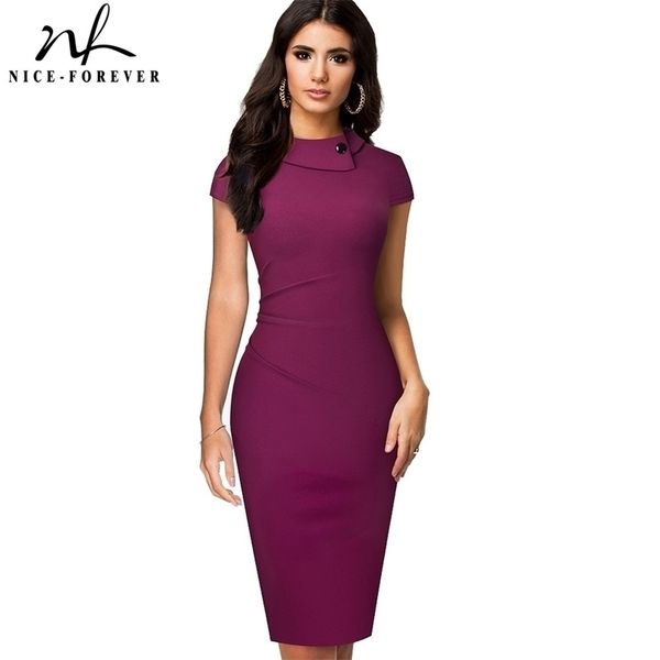 

nice-forever vintage elegant pure color with button office work vestidos business formal bodycon women pencil dress b574 210323, Black;gray