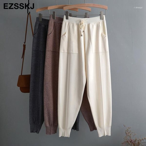

chic autumn winter drawstring harem pants women loose trousers female knitted knit with pockets radish1, Black;white