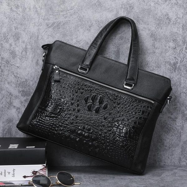

luxury cowhide crocodile pattern briefcase business bags fashion genuine leather men's lapbag handbag male shoulder briefcases