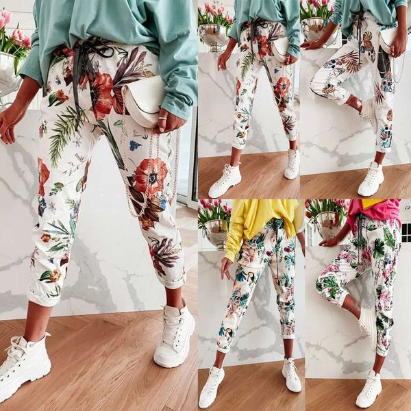 

spring summer flower print casual comfortable fashion lace up pants 8313, Black;white