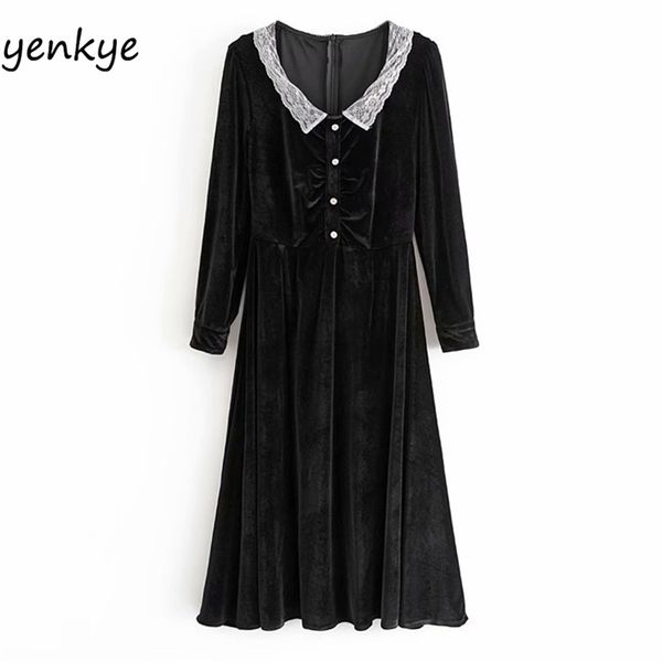 

autumn dress women sweet lace trims vintage female long sleeve o neck a-line midi lady elegant velvet vestido 210514, Black;gray