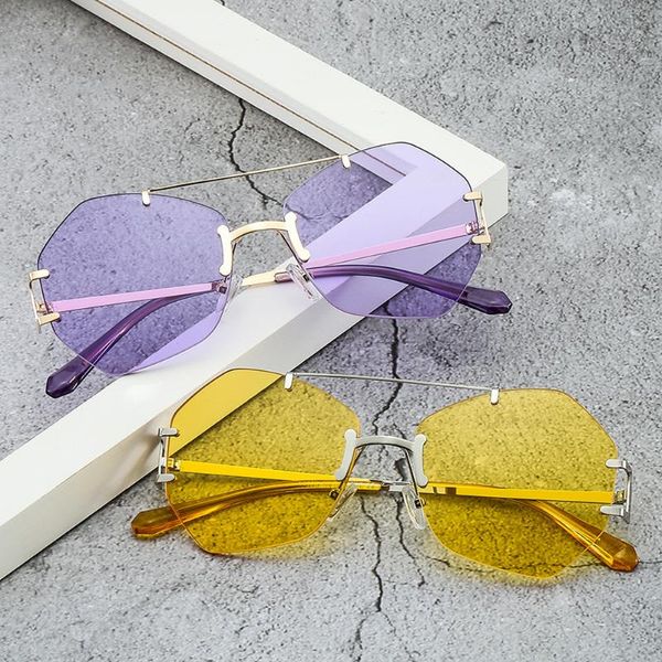 

sunglasses 2021 trendy flat luxury designer women personality rimless polygon lenses sun glasses men eyeglasses uv400, White;black