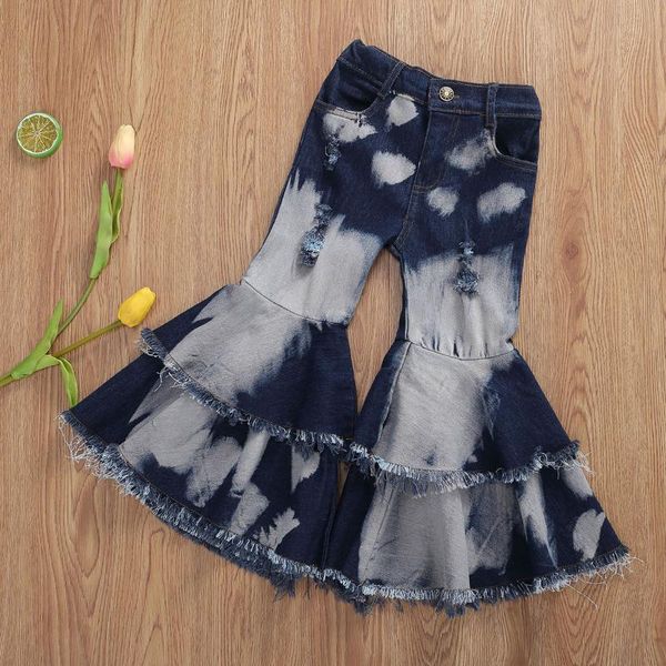 

2-7years toddler kids girls hole jeans double layer flared denim pants fashion bottoms, Blue