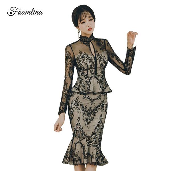 

casual dresses foamlina elegant women vintage lace peplum sheath dress see through mesh key hole long sleeve work office bodycon, Black;gray