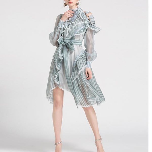 

casual dresses 2021 summer beach vocation striped asymmetrical long sleeve dress with bow, Black;gray