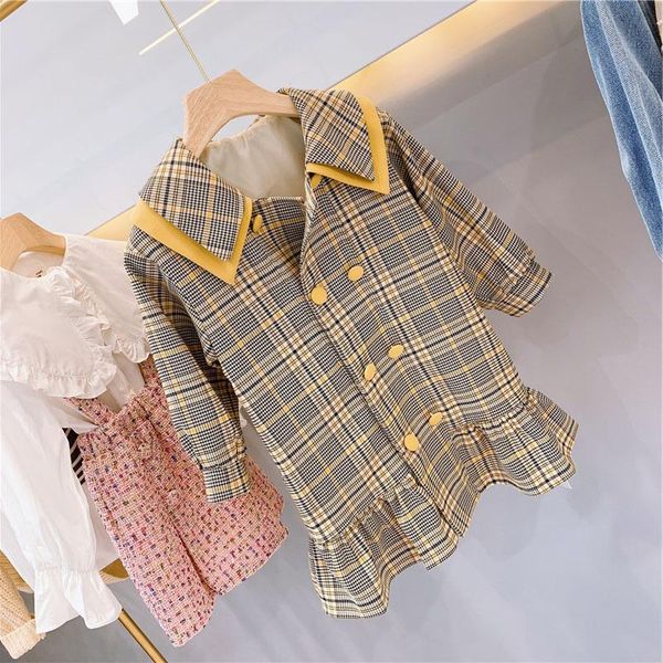 

coat plaid children trench long design casual girl prinecess clothing 2021 child autumn outwear coats turn down collar, Blue;gray