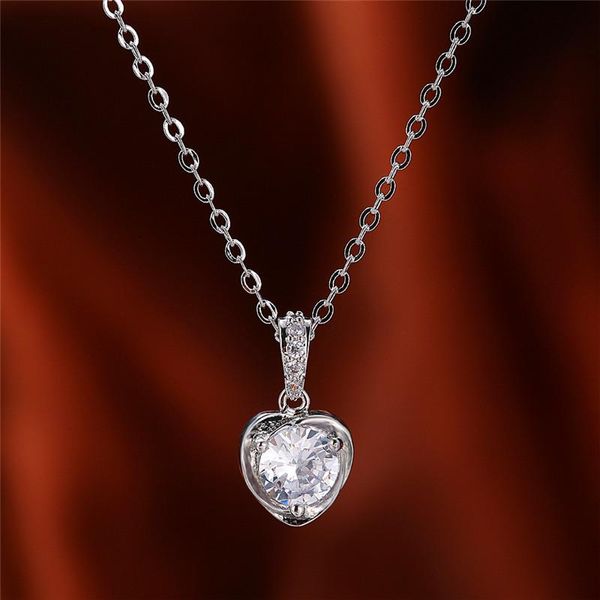 

pendant necklaces simple female white crystal necklace rose gold silver color luxury love heart wedding for women