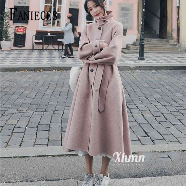 

autumn winter women's coat long sleeve lapel woolen cardigan warm midi trench single-breasted jacket manteau femme 210520, Black