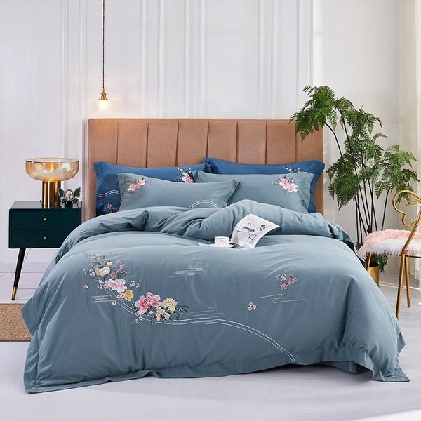 

luxury chinese flower embroidery 100s egyptian cotton thicken sanding bedding set duvet cover bed sheet pillowcases home textile sets