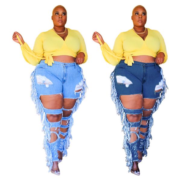 

women plus size denim pants spring fall ripped jeans with tassels bigger sizes 3xl 4xl 5xl leggings fashion washed blue holes pantss dhl shi