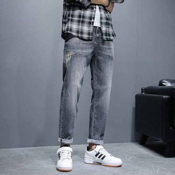 

men's jeans summer fashion men korean version small feet jean casual straight leg cropped trouser embroidery high quality, Blue