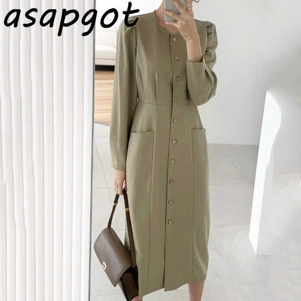 

minimalist chic korean temperament slim full o neck pleated single-breasted double pocket dress lady mid-length retro office 210610, Black;gray