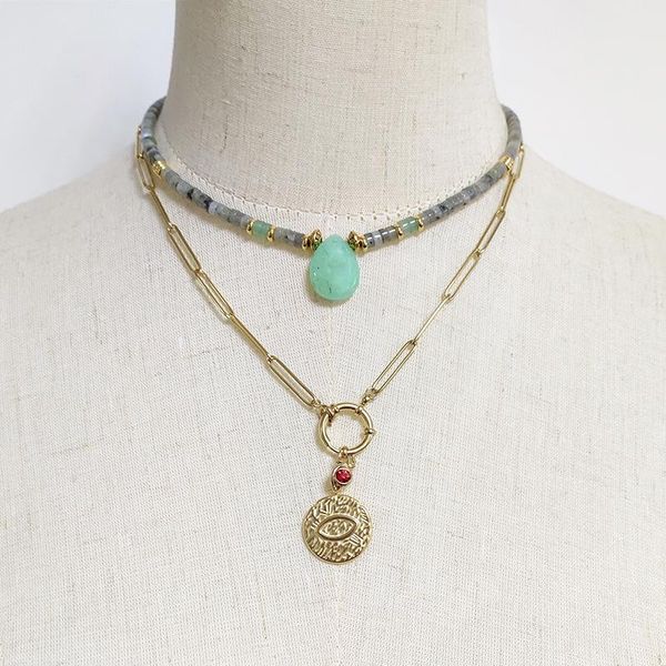 

chokers women green water drop pendant necklace gray natural stone beaded choker 2021 winter collar africano hombre trendy all-match, Golden;silver