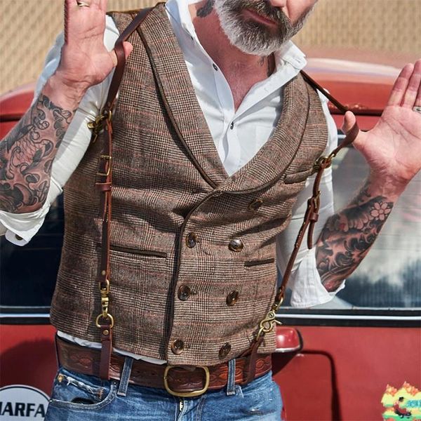 

men's vests winter double-breasted plaid lapel stitching vest handsome, Black;white