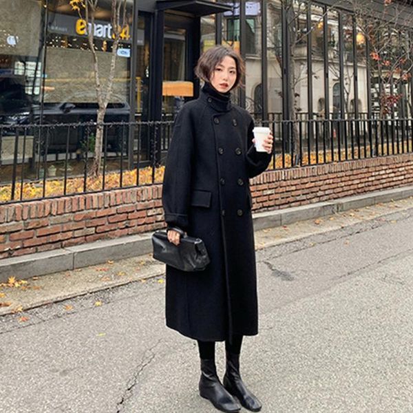 

women's wool & blends fashion casual women jacket solid double breasted long pockets korean coats, Black