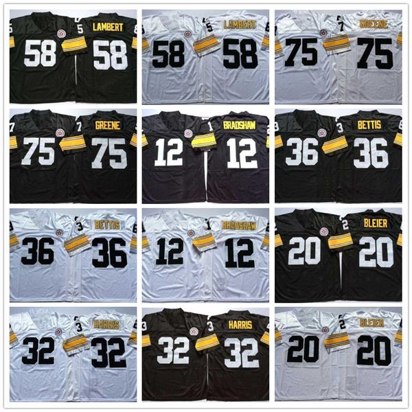 Maglie da calcio 12 Terry Bradshaw 20 Rocky Bleier 32 Franco Harris 36 Jerome Bettis 58 Jack Lambert 75 Joe Greene White Black Home Away Jersey