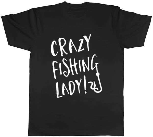 

crazy fishing lady mens t-shirt tee, White;black