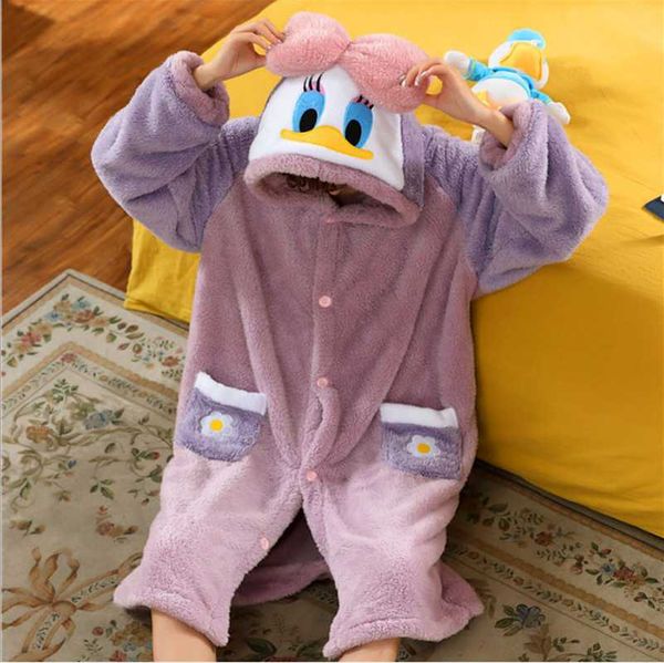 

women's sleepwear adults animal fleece pajamas winter bow dress home clothes women flannel cartoon duck thick split set hooded nightgow, Black;red