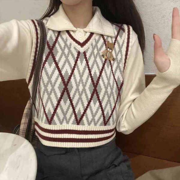 

preppy style vintage knit cropped sweater vest embroidery v-neck sleeveless pullovers waistcoat korean chic tank, White;black