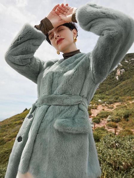 

women's fur & faux ur luxury real mink slim-fit v-neck coat with belt pocket women autumn&winter warm outerwear female jackets, Black