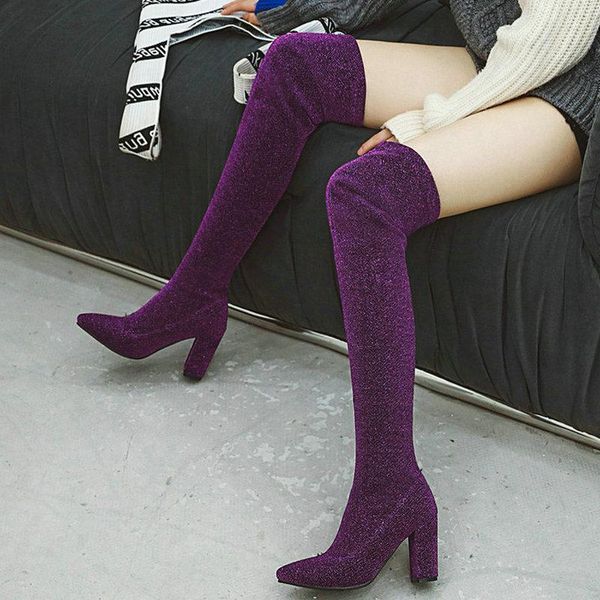

boots 2021 stretch fabrics fashion leopard over the knee high winter square heel slip on women shoes size 34-43, Black